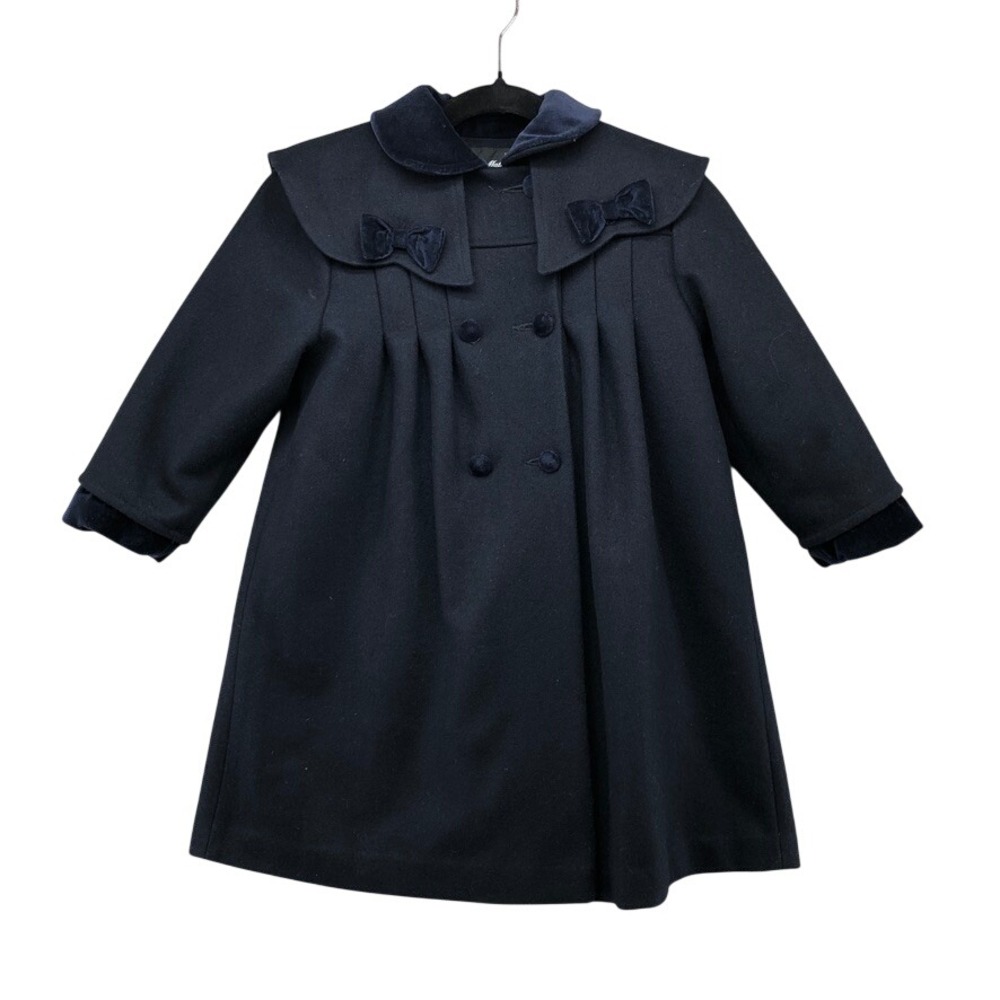 Stephanie Mathews Kids Wool Dress Coat Girls Size 5 Navy Blue Velvet Bows Trim